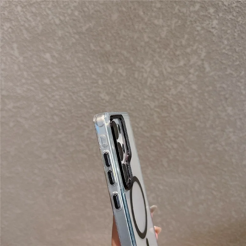 For Samsung Galaxy S23 Ultra Case Compatible with MagSafe PC + TPU Clear Phone Cover with Diamond Texture Lens Frame - Black