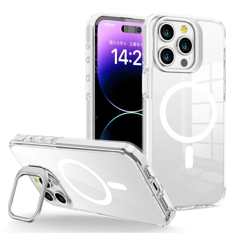 For iPhone 13 Pro Max Case Compatible with MagSafe TPU + PC Phone Cover with Lens Kickstand - White