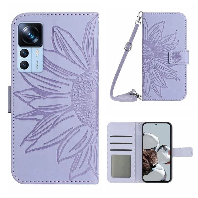 Für Xiaomi 12T 5G / 12t Pro 5g / Redmi K50 Ultra 5G HT04 Geprinktes Sonnenblumen Flip Wallet Deckel Haut-touch-leder-ständer Magnetschock Schockdes Folio-telefonhülle Mit Schultergurt - Helles Lila