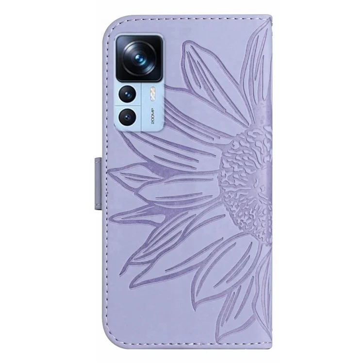 Für Xiaomi 12T 5G / 12t Pro 5g / Redmi K50 Ultra 5G HT04 Geprinktes Sonnenblumen Flip Wallet Deckel Haut-touch-leder-ständer Magnetschock Schockdes Folio-telefonhülle Mit Schultergurt - Helles Lila