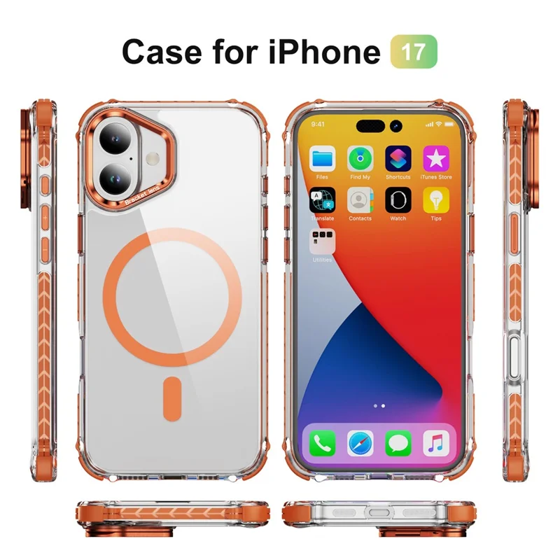 For iPhone 17 Clear Phone Case with Lens Kickstand Cover Compatible with MagSafe - Orange