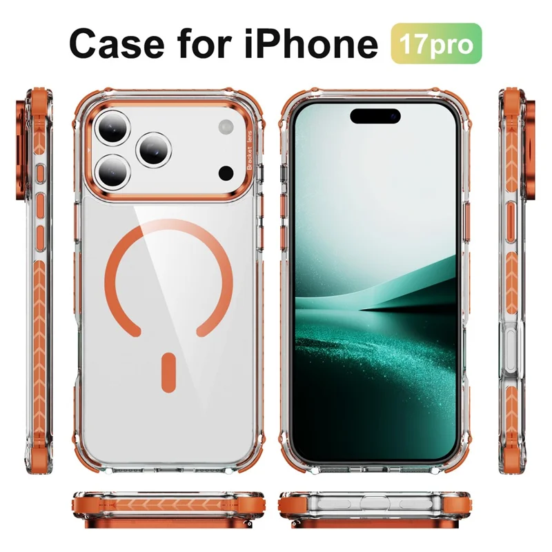 For iPhone 17 Pro Clear Phone Case with Lens Kickstand Cover Compatible with MagSafe - Orange