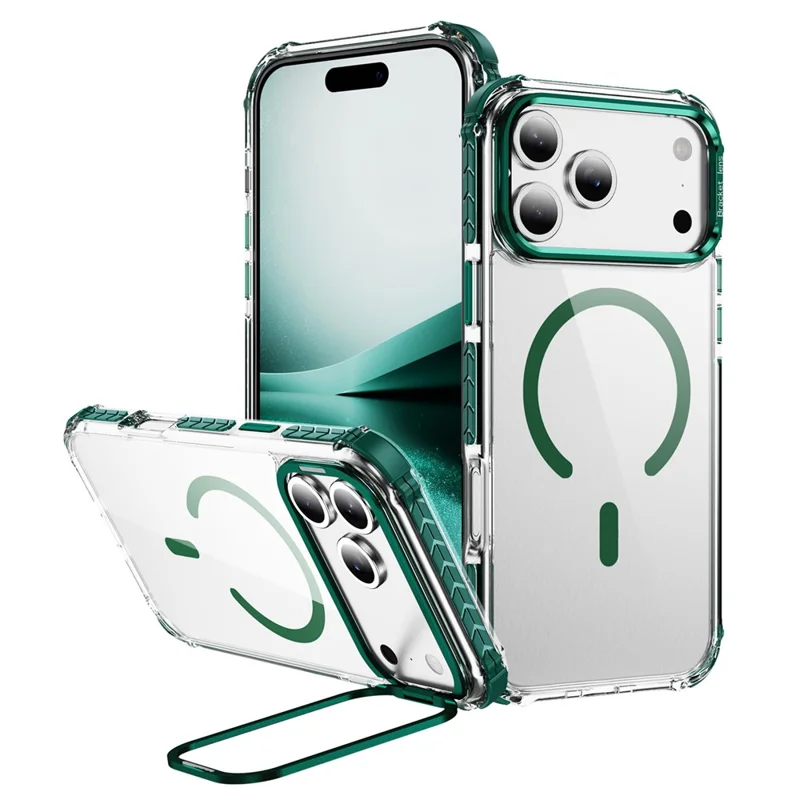 For iPhone 17 Pro Clear Phone Case with Lens Kickstand Cover Compatible with MagSafe - Green
