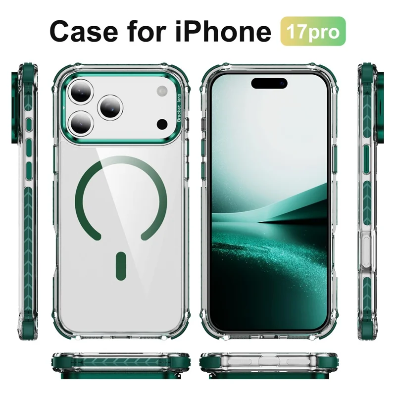 For iPhone 17 Pro Clear Phone Case with Lens Kickstand Cover Compatible with MagSafe - Green
