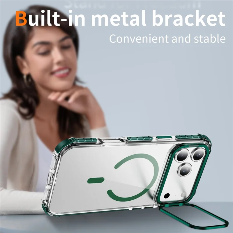 For iPhone 17 Pro Clear Phone Case with Lens Kickstand Cover Compatible with MagSafe - Green