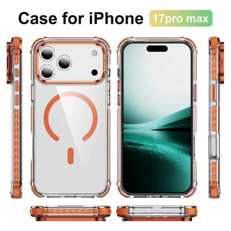For iPhone 17 Pro Max Clear Phone Case with Lens Kickstand Cover Compatible with MagSafe - Orange
