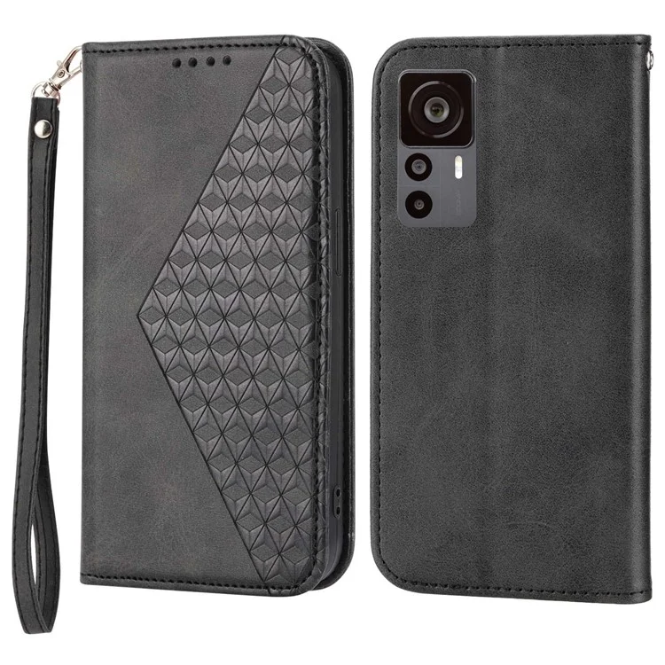 For Xiaomi 12T 5G / Redmi K50 Ultra 5G Rhombus Pattern Imprinted PU Leather Stand Case Calf Texture Shockproof Phone Wallet Cover with Strap - Black