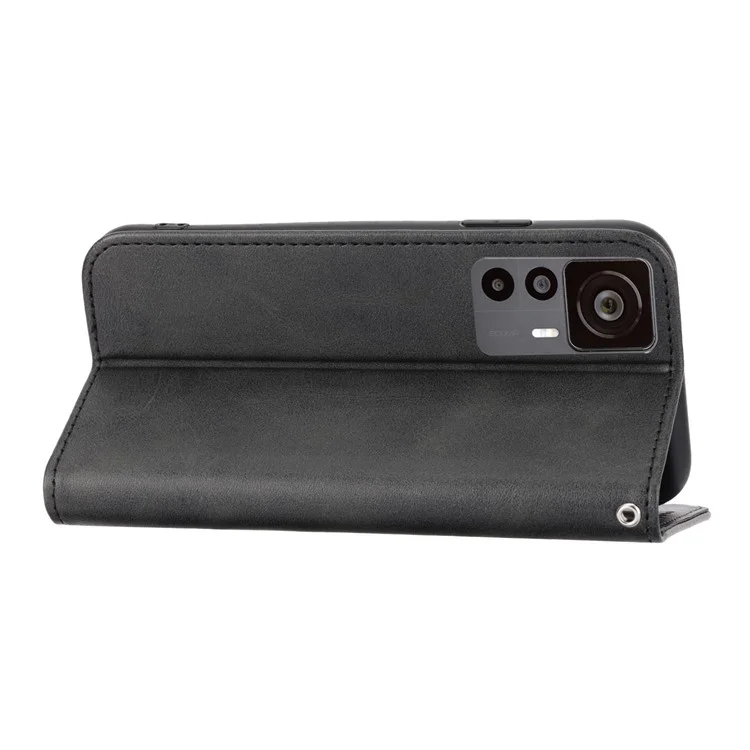 For Xiaomi 12T 5G / Redmi K50 Ultra 5G Rhombus Pattern Imprinted PU Leather Stand Case Calf Texture Shockproof Phone Wallet Cover with Strap - Black