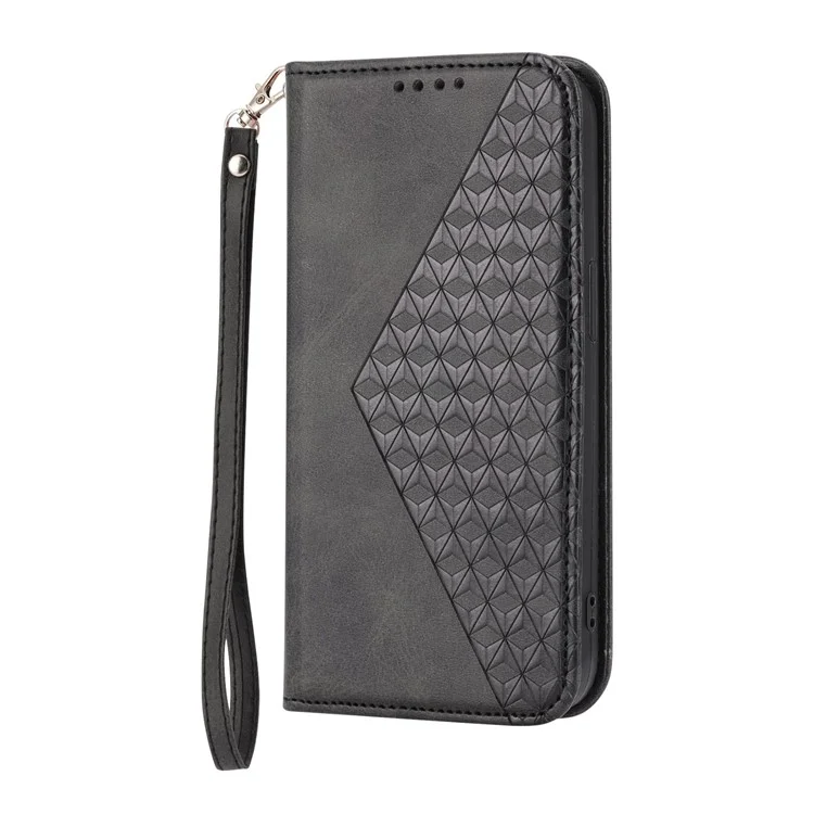 For Xiaomi 12T 5G / Redmi K50 Ultra 5G Rhombus Pattern Imprinted PU Leather Stand Case Calf Texture Shockproof Phone Wallet Cover with Strap - Black