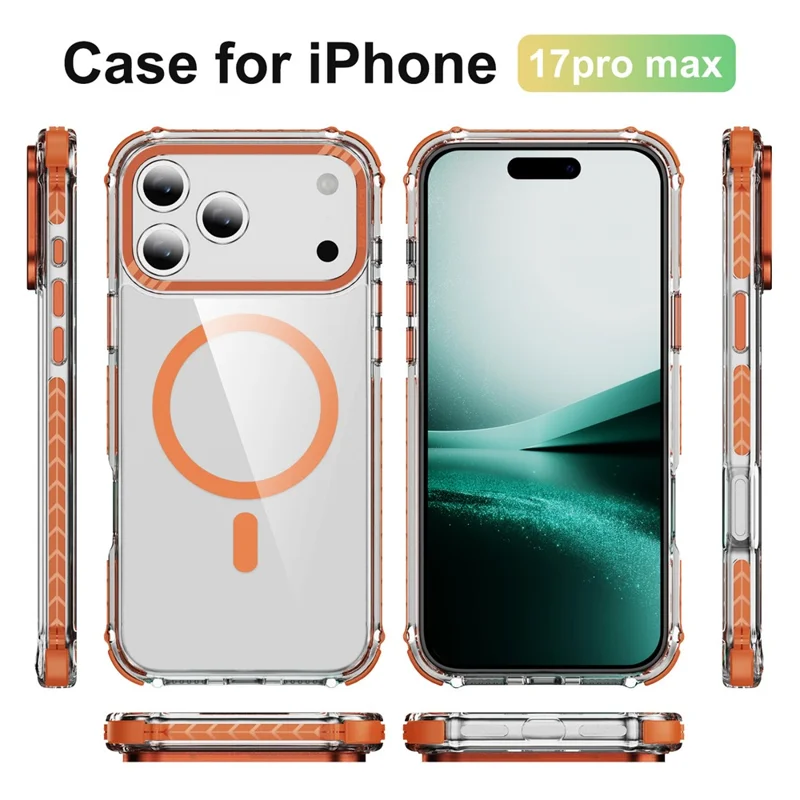 Für iPhone 17 Pro Max Hülle Kristallklar Airbag TPU + PC Handyrückseite Kompatibel mit MagSafe - Orange