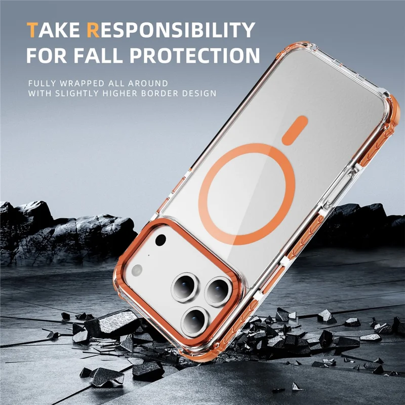 Für iPhone 17 Pro Max Hülle Kristallklar Airbag TPU + PC Handyrückseite Kompatibel mit MagSafe - Orange