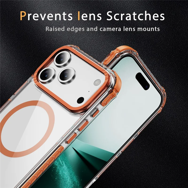 Für iPhone 17 Pro Max Hülle Kristallklar Airbag TPU + PC Handyrückseite Kompatibel mit MagSafe - Orange