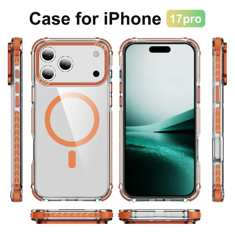 For iPhone 17 Pro Case Crystal Clear Airbag TPU + PC Phone Back Cover Compatible with MagSafe - Orange