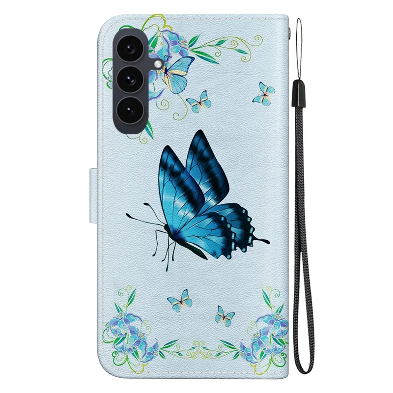 For Samsung Galaxy S25 FE Wallet Phone Case Anti-Drop Pattern Printing Leather Flip Cover with Strap - Blue Butterfly Flower