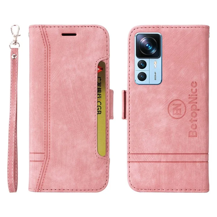 BETOPNICE 001 For Xiaomi 12T 5G / 12T Pro 5G / Redmi K50 Ultra 5G Imprinted Stitching Line Stand Case PU Leather Magnetic Clasp Wallet Phone Cover - Pink