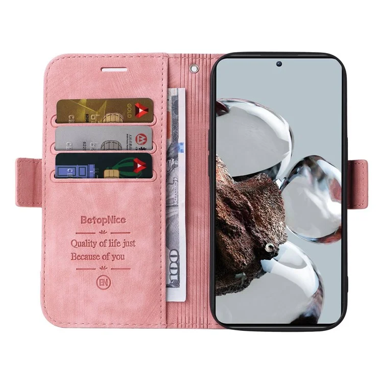 BETOPNICE 001 For Xiaomi 12T 5G / 12T Pro 5G / Redmi K50 Ultra 5G Imprinted Stitching Line Stand Case PU Leather Magnetic Clasp Wallet Phone Cover - Pink