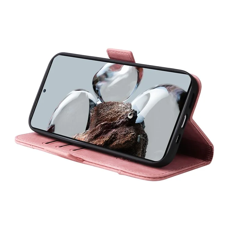 BETOPNICE 001 For Xiaomi 12T 5G / 12T Pro 5G / Redmi K50 Ultra 5G Imprinted Stitching Line Stand Case PU Leather Magnetic Clasp Wallet Phone Cover - Pink