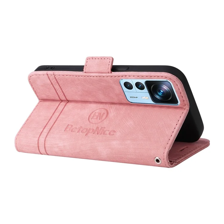 BETOPNICE 001 For Xiaomi 12T 5G / 12T Pro 5G / Redmi K50 Ultra 5G Imprinted Stitching Line Stand Case PU Leather Magnetic Clasp Wallet Phone Cover - Pink