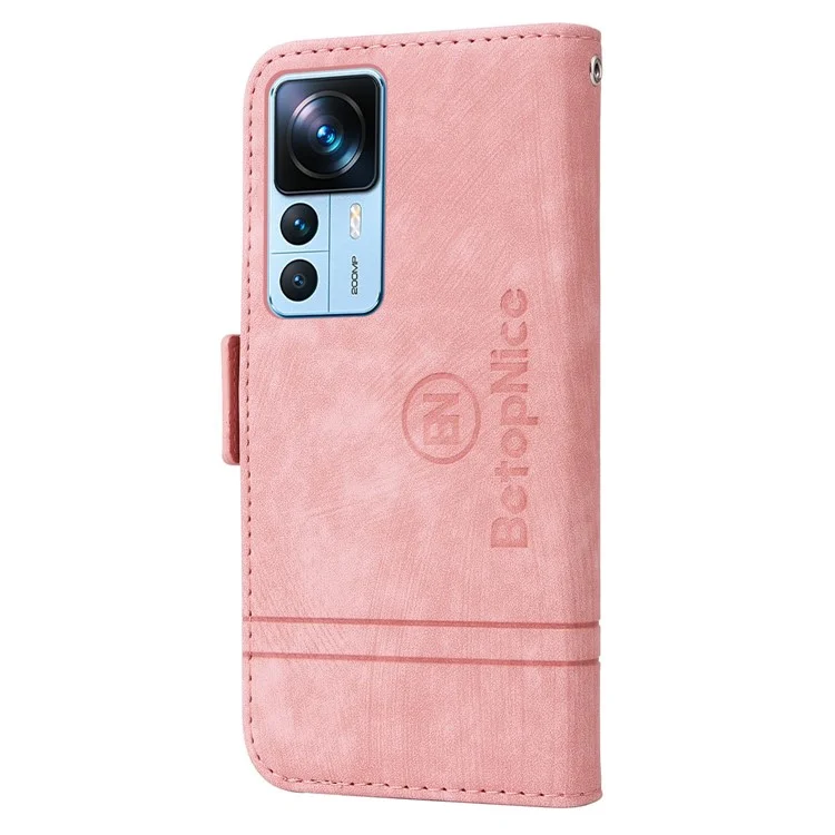 BETOPNICE 001 For Xiaomi 12T 5G / 12T Pro 5G / Redmi K50 Ultra 5G Imprinted Stitching Line Stand Case PU Leather Magnetic Clasp Wallet Phone Cover - Pink