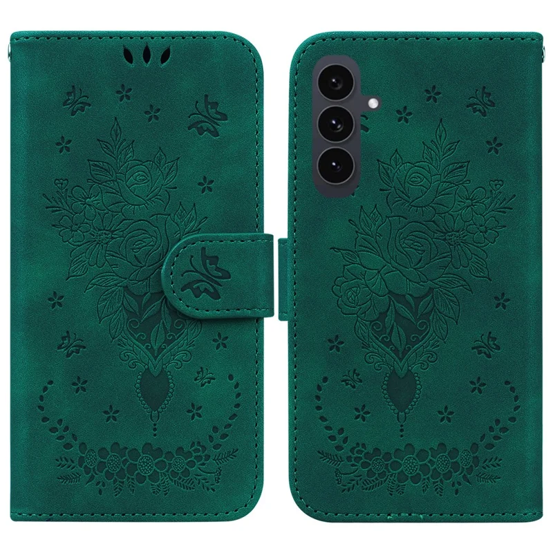 Étui Samsung Galaxy S25 FE Motif Papillon Fleur en Cuir PU avec Portefeuille et Lanière - Vert