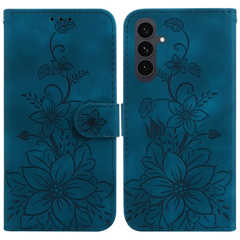 For Samsung Galaxy S25 FE Stand Case Lily Flower Imprint Leather Phone Cover with Wrist Strap - Dark Blue