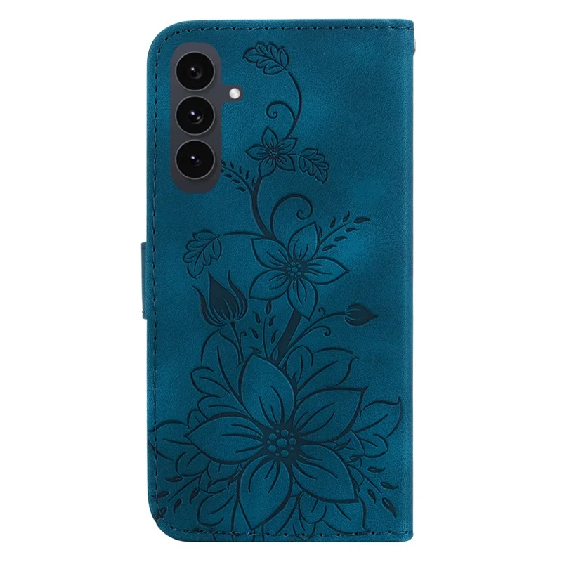For Samsung Galaxy S25 FE Stand Case Lily Flower Imprint Leather Phone Cover with Wrist Strap - Dark Blue