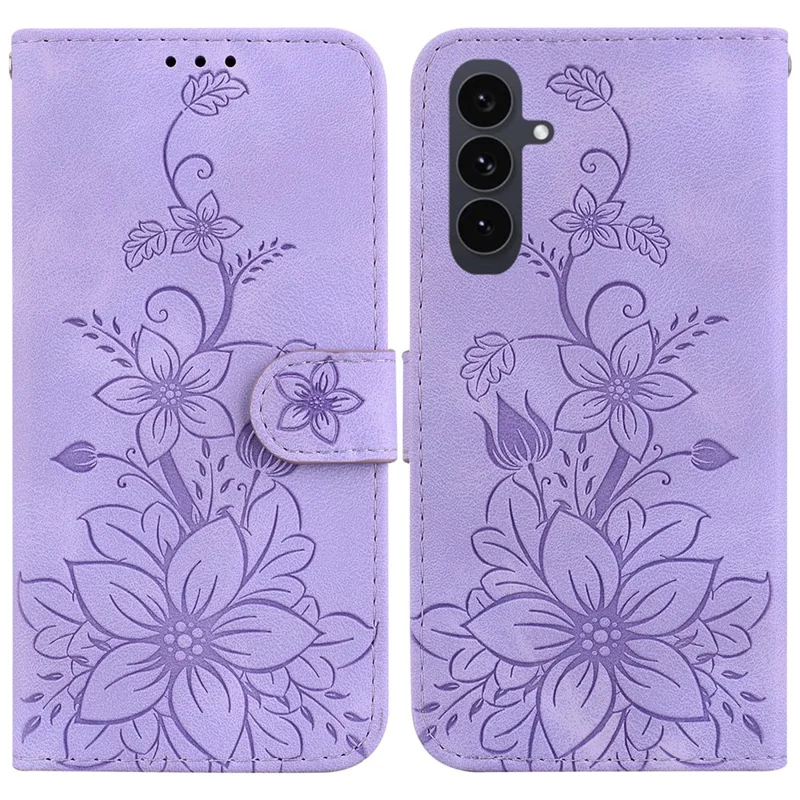 For Samsung Galaxy S25 FE Stand Case Lily Flower Imprint Leather Phone Cover with Wrist Strap - Purple