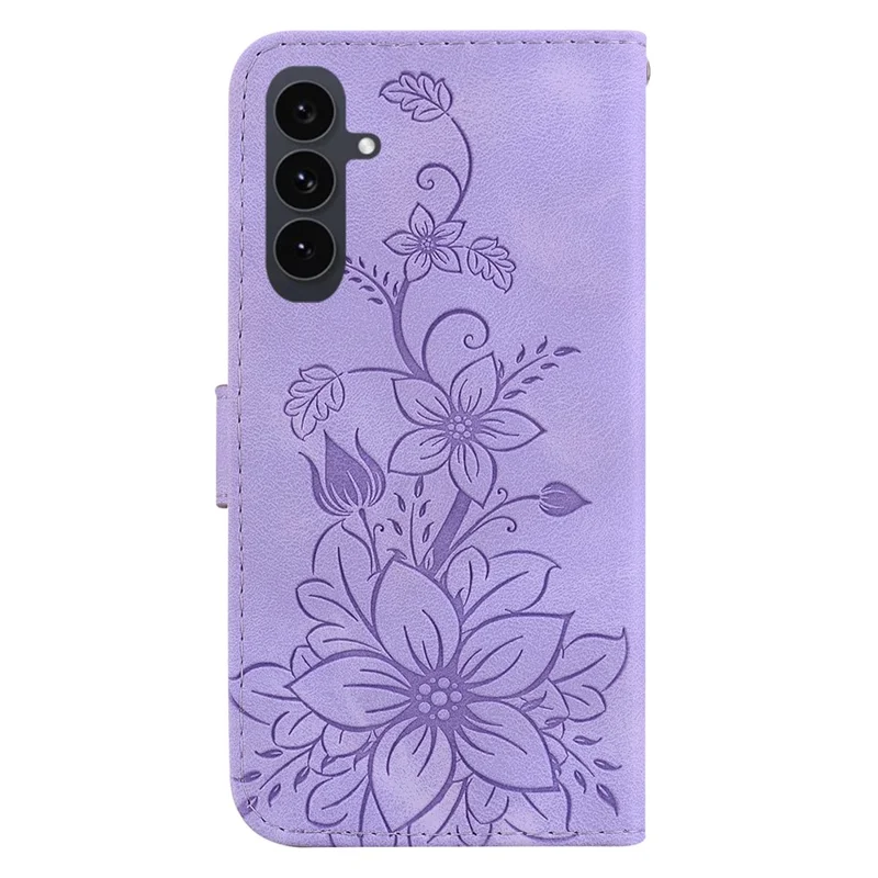 For Samsung Galaxy S25 FE Stand Case Lily Flower Imprint Leather Phone Cover with Wrist Strap - Purple