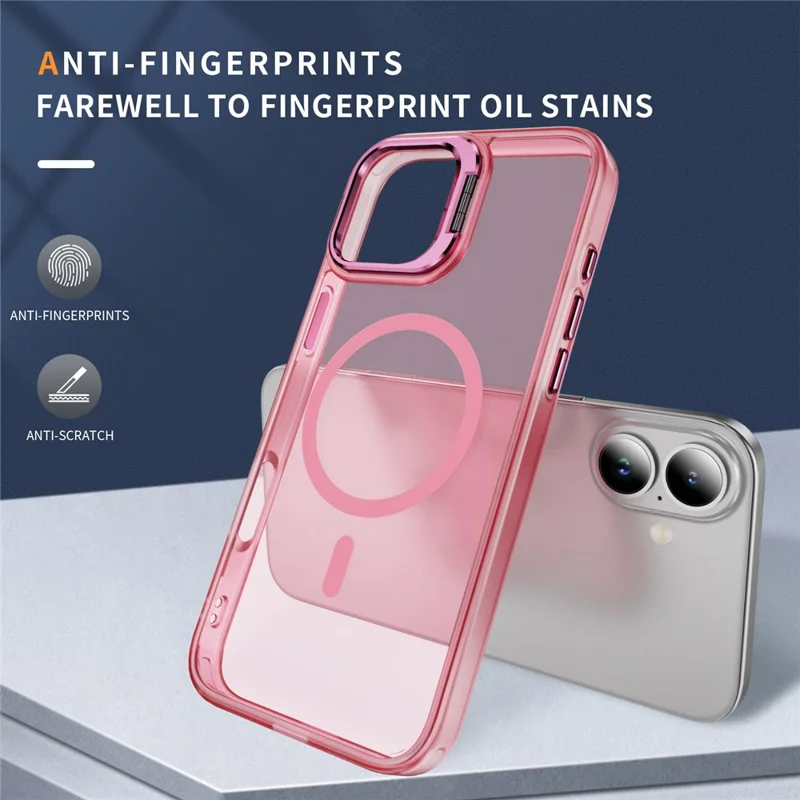 Funda Magnética para iPhone 17 con Soporte de Lente y Tacto Suave, Carcasa de PC + TPU - Rosa Transparente