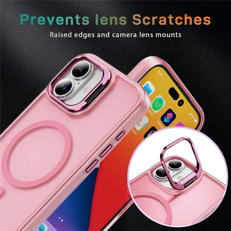 Funda Magnética para iPhone 17 con Soporte de Lente y Tacto Suave, Carcasa de PC + TPU - Rosa Transparente