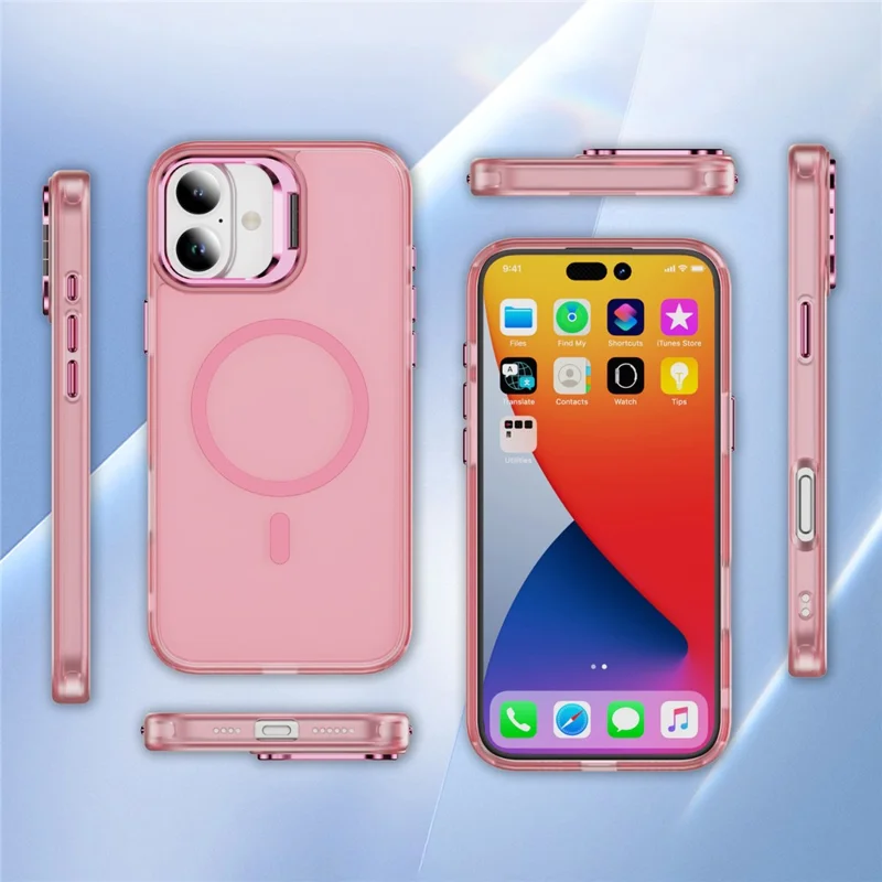 Funda Magnética para iPhone 17 con Soporte de Lente y Tacto Suave, Carcasa de PC + TPU - Rosa Transparente