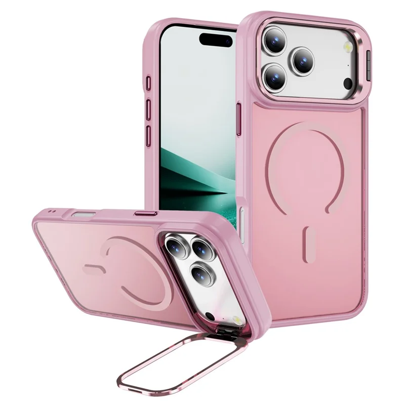 Capa Magnética para iPhone 17 Pro Max com Suporte para Lente e Acabamento Skin-Touch em PC + TPU - Rosa Transparente