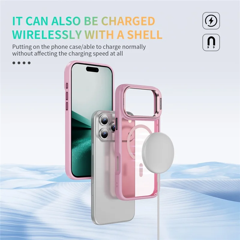 Capa Magnética para iPhone 17 Pro Max com Suporte para Lente e Acabamento Skin-Touch em PC + TPU - Rosa Transparente