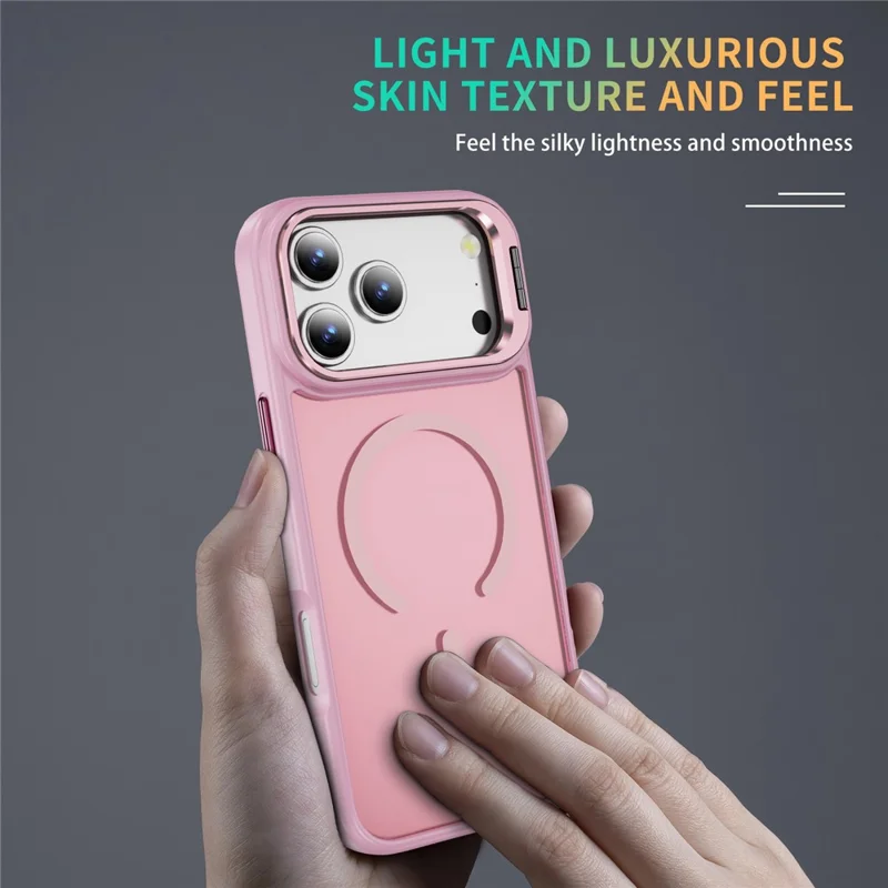 Capa Magnética para iPhone 17 Pro Max com Suporte para Lente e Acabamento Skin-Touch em PC + TPU - Rosa Transparente