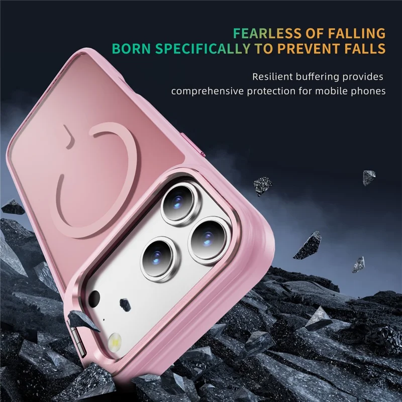 Capa Magnética para iPhone 17 Pro Max com Suporte para Lente e Acabamento Skin-Touch em PC + TPU - Rosa Transparente