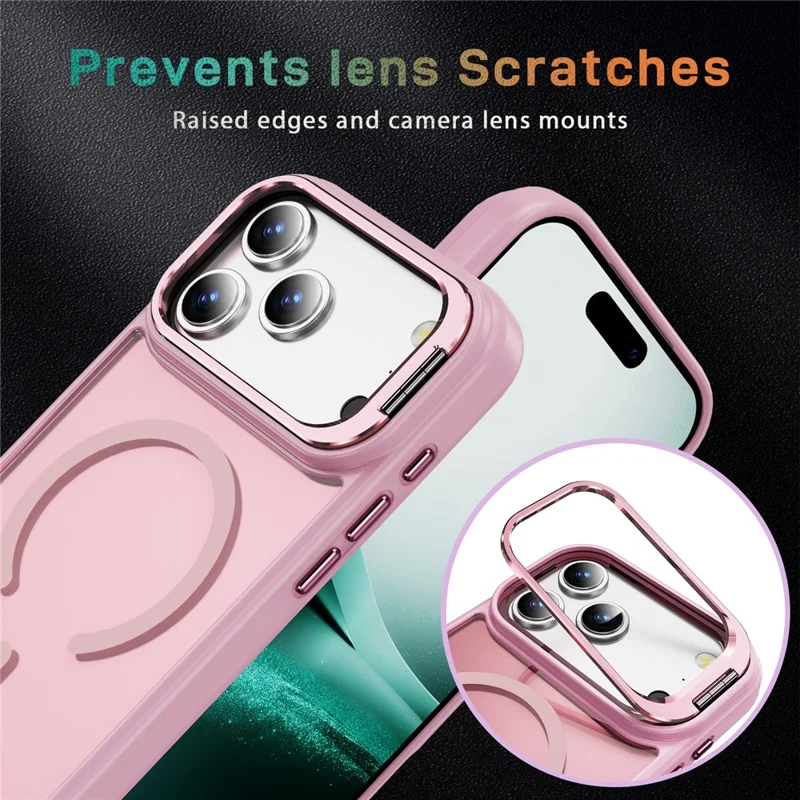 Capa Magnética para iPhone 17 Pro Max com Suporte para Lente e Acabamento Skin-Touch em PC + TPU - Rosa Transparente