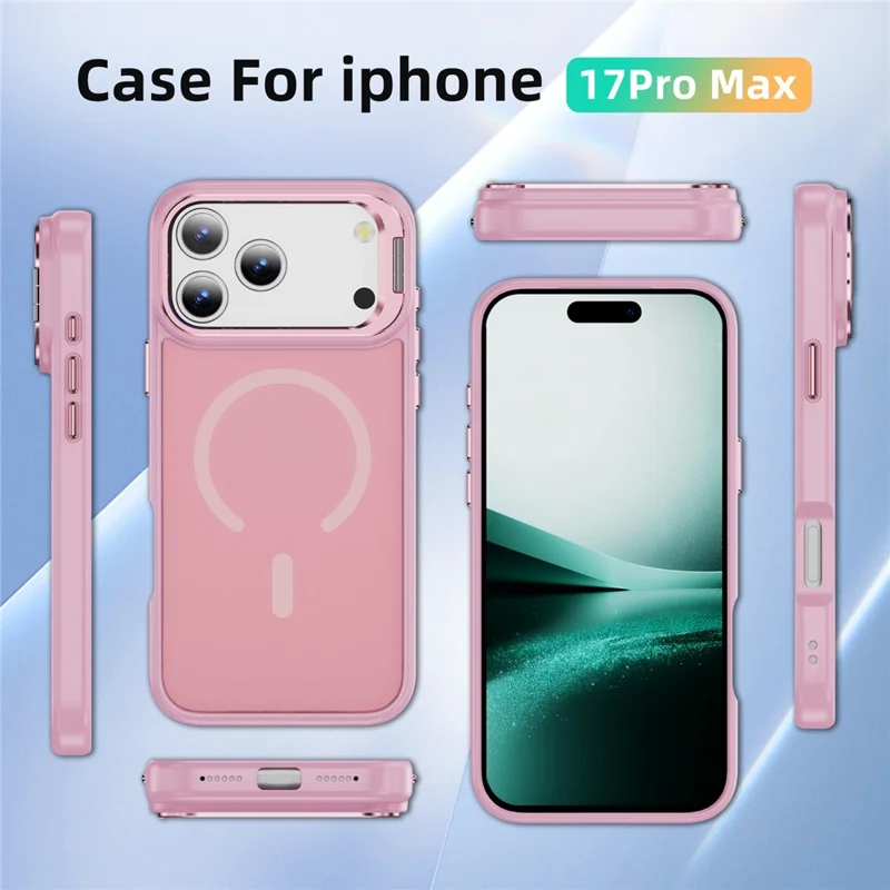 Capa Magnética para iPhone 17 Pro Max com Suporte para Lente e Acabamento Skin-Touch em PC + TPU - Rosa Transparente