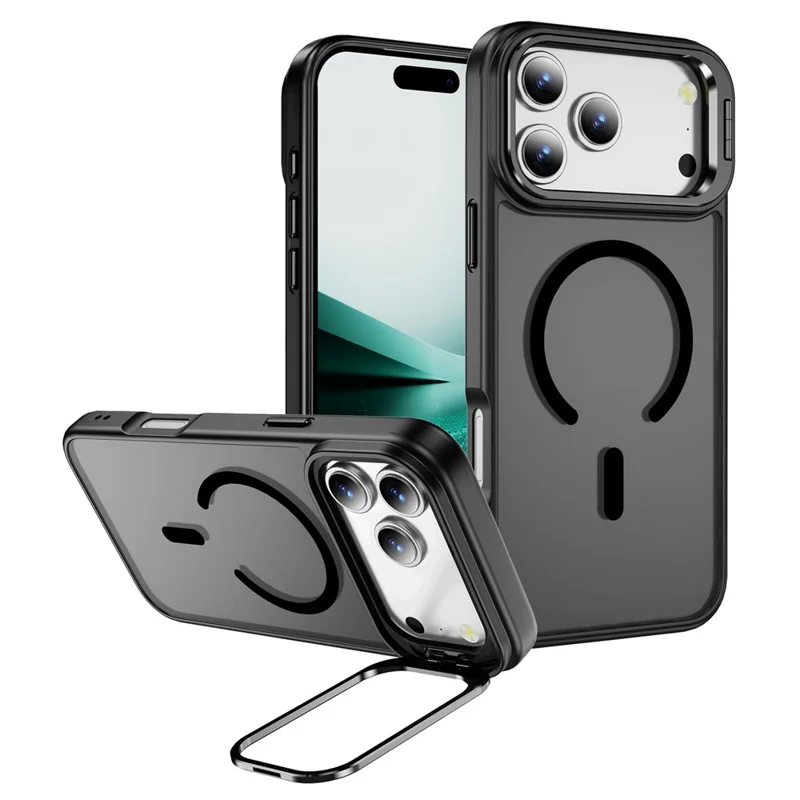 For iPhone 17 Pro Max Magnetic Case with Lens Kickstand Skin-Touch PC + TPU Phone Cover - Black
