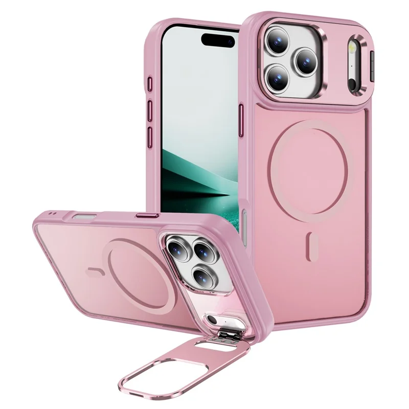 For iPhone 17 Pro Magnetic Case with Lens Kickstand Skin-Touch PC + TPU Phone Cover - Transparent Pink