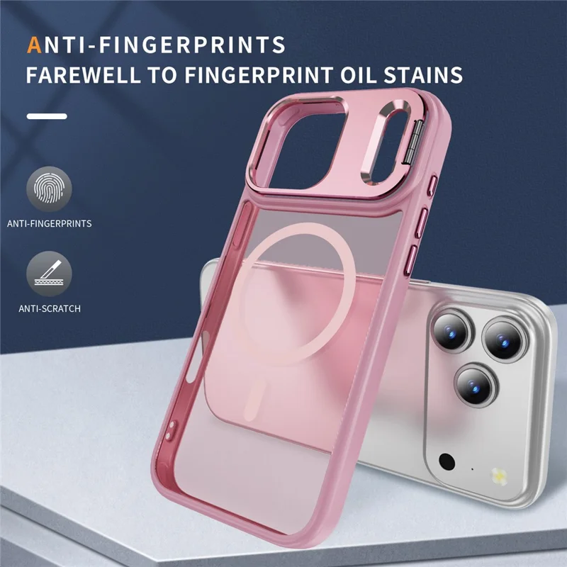 For iPhone 17 Pro Magnetic Case with Lens Kickstand Skin-Touch PC + TPU Phone Cover - Transparent Pink