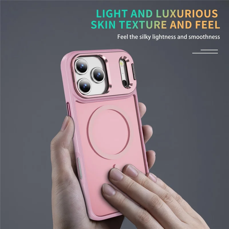 For iPhone 17 Pro Magnetic Case with Lens Kickstand Skin-Touch PC + TPU Phone Cover - Transparent Pink