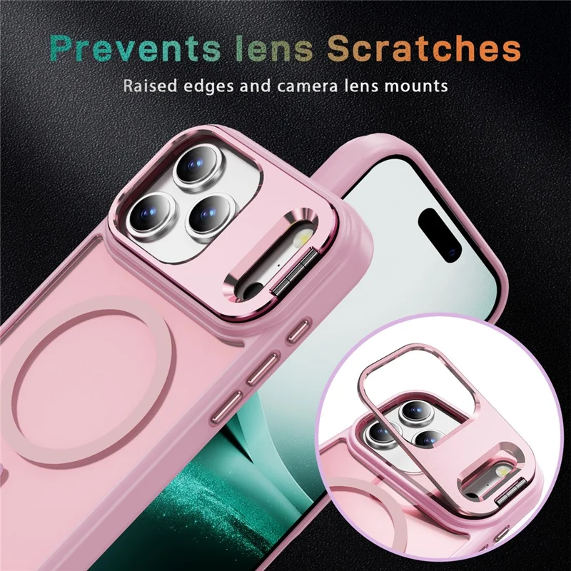 For iPhone 17 Pro Magnetic Case with Lens Kickstand Skin-Touch PC + TPU Phone Cover - Transparent Pink