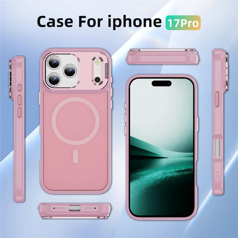 For iPhone 17 Pro Magnetic Case with Lens Kickstand Skin-Touch PC + TPU Phone Cover - Transparent Pink