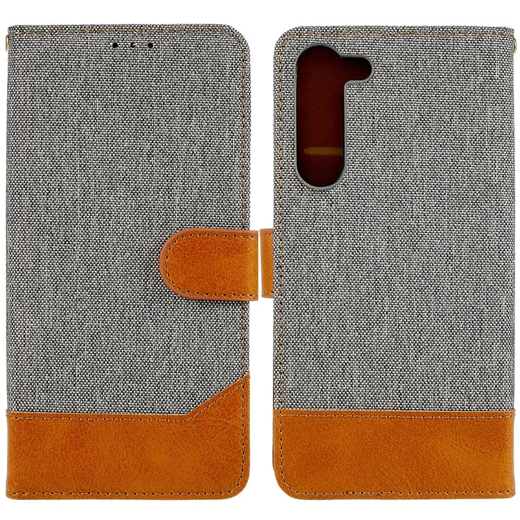 Para Samsung Galaxy S23 Calf Texture Splicing Jeans Cloth PU Leather Case Magnetic Clasp Phone Cover with Stand Wallet - Gris