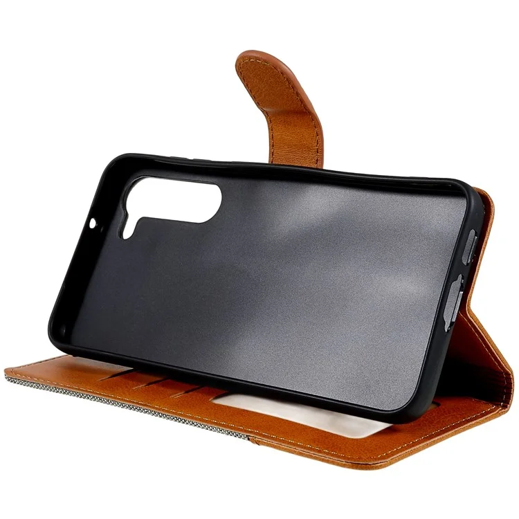 Para Samsung Galaxy S23 Calf Texture Splicing Jeans Cloth PU Leather Case Magnetic Clasp Phone Cover with Stand Wallet - Gris