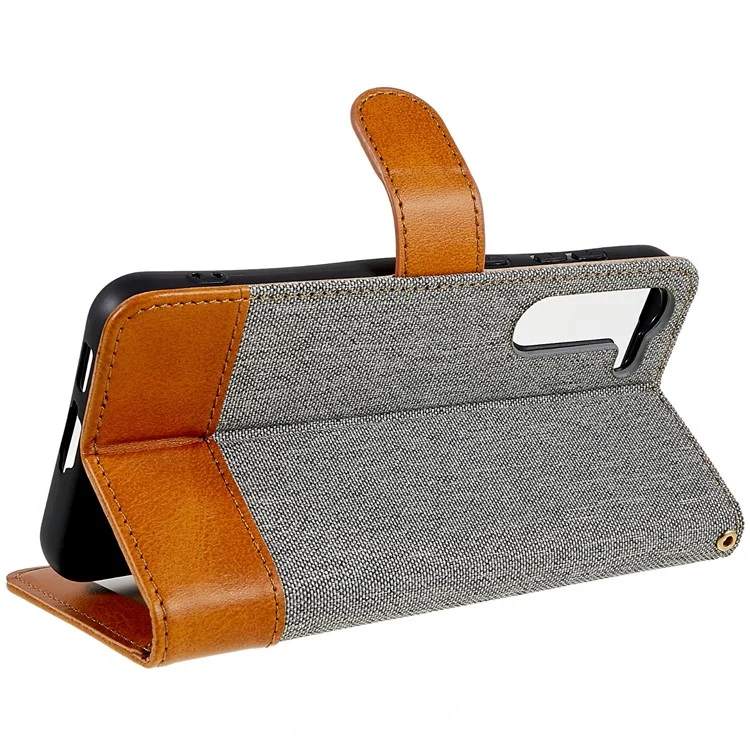 Para Samsung Galaxy S23 Calf Texture Splicing Jeans Cloth PU Leather Case Magnetic Clasp Phone Cover with Stand Wallet - Gris