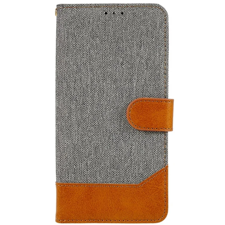 Para Samsung Galaxy S23 Calf Texture Splicing Jeans Cloth PU Leather Case Magnetic Clasp Phone Cover with Stand Wallet - Gris