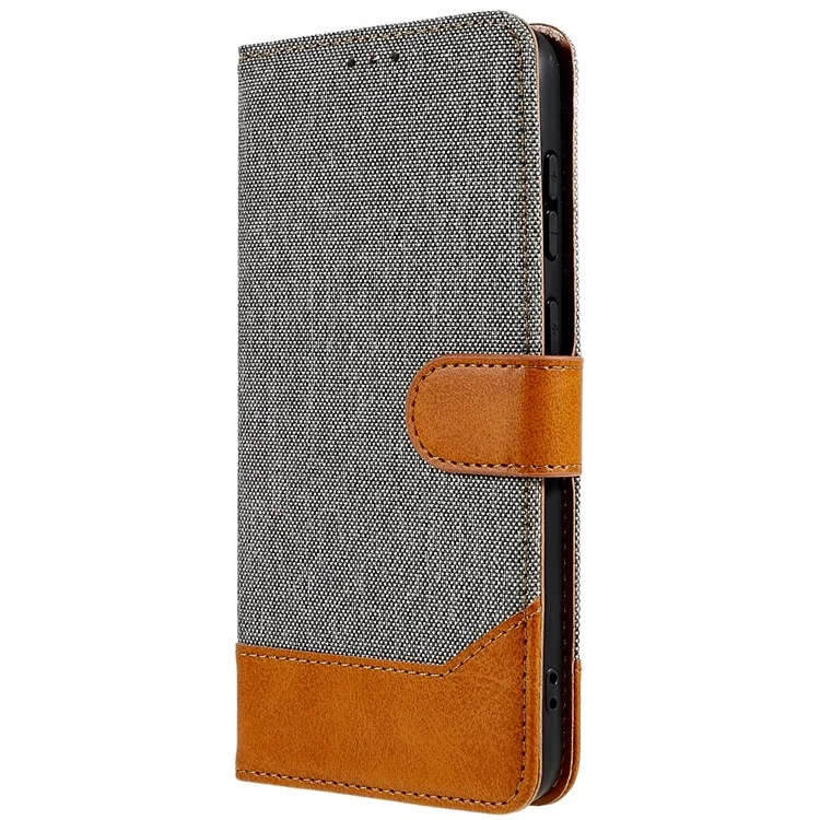 Para Samsung Galaxy S23 Calf Texture Splicing Jeans Cloth PU Leather Case Magnetic Clasp Phone Cover with Stand Wallet - Gris