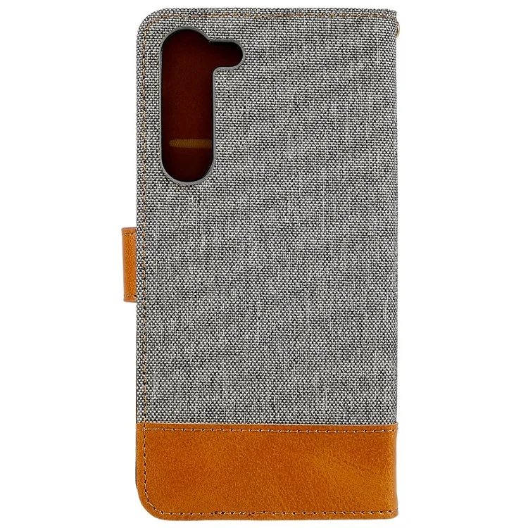 Para Samsung Galaxy S23 Calf Texture Splicing Jeans Cloth PU Leather Case Magnetic Clasp Phone Cover with Stand Wallet - Gris
