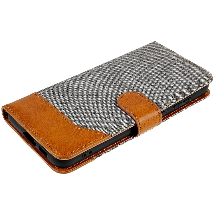 Para Samsung Galaxy S23 Calf Texture Splicing Jeans Cloth PU Leather Case Magnetic Clasp Phone Cover with Stand Wallet - Gris